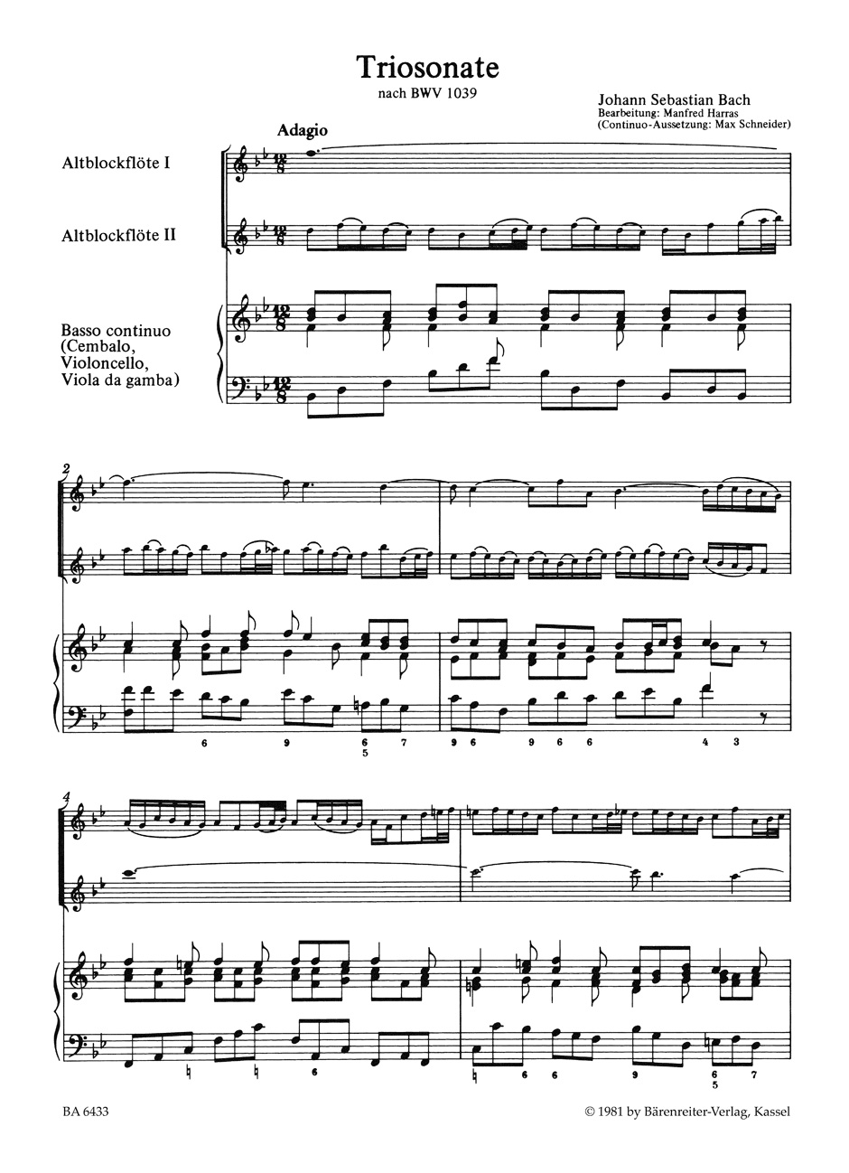 Anderes Coverbild Triosonate für zwei Blockflöten und Basso continuo B-Dur (original G-Dur) BWV 1039