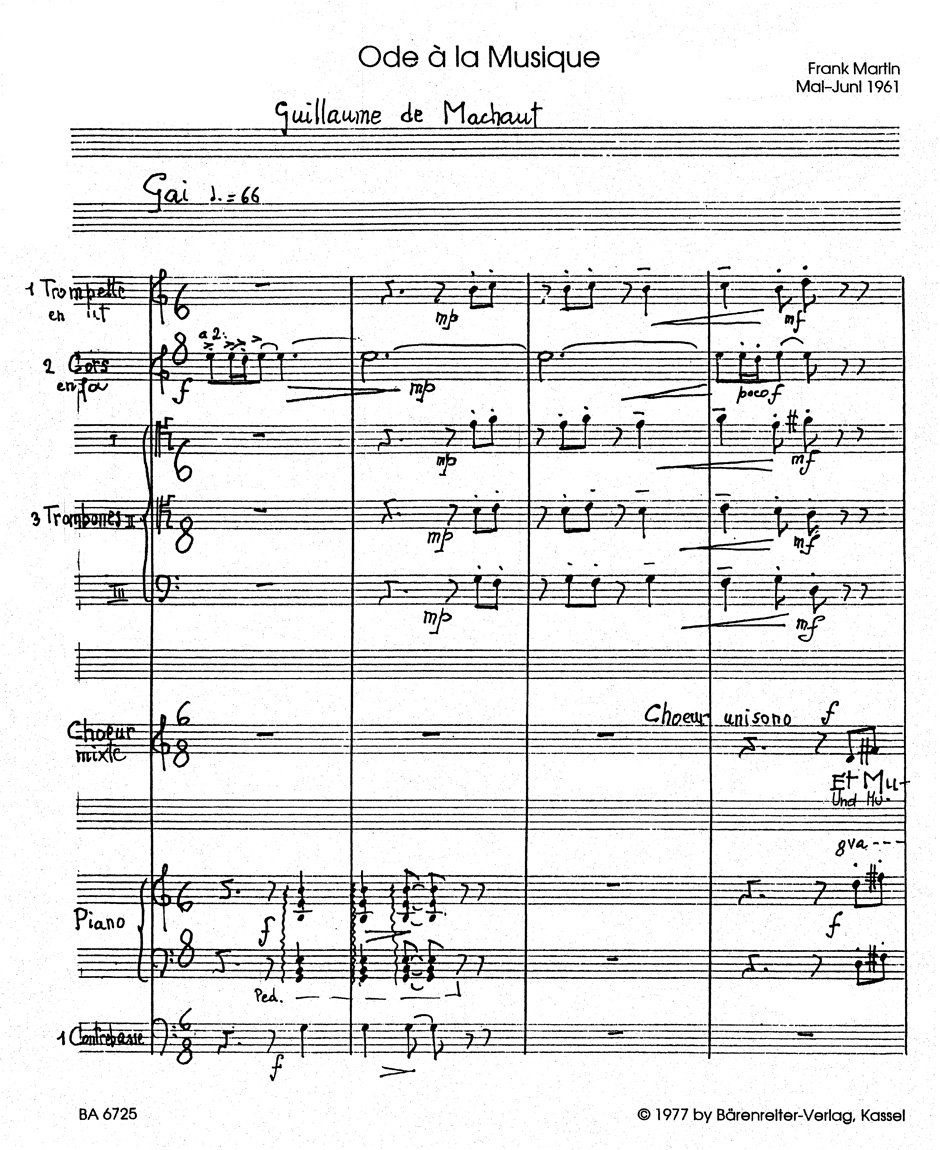 Anderes Coverbild Ode à la musique für Bariton, vierstimmigen gemischten Chor, Trompete, zwei Hörner, drei Posaunen, Klavier und Kontrabass (1961)