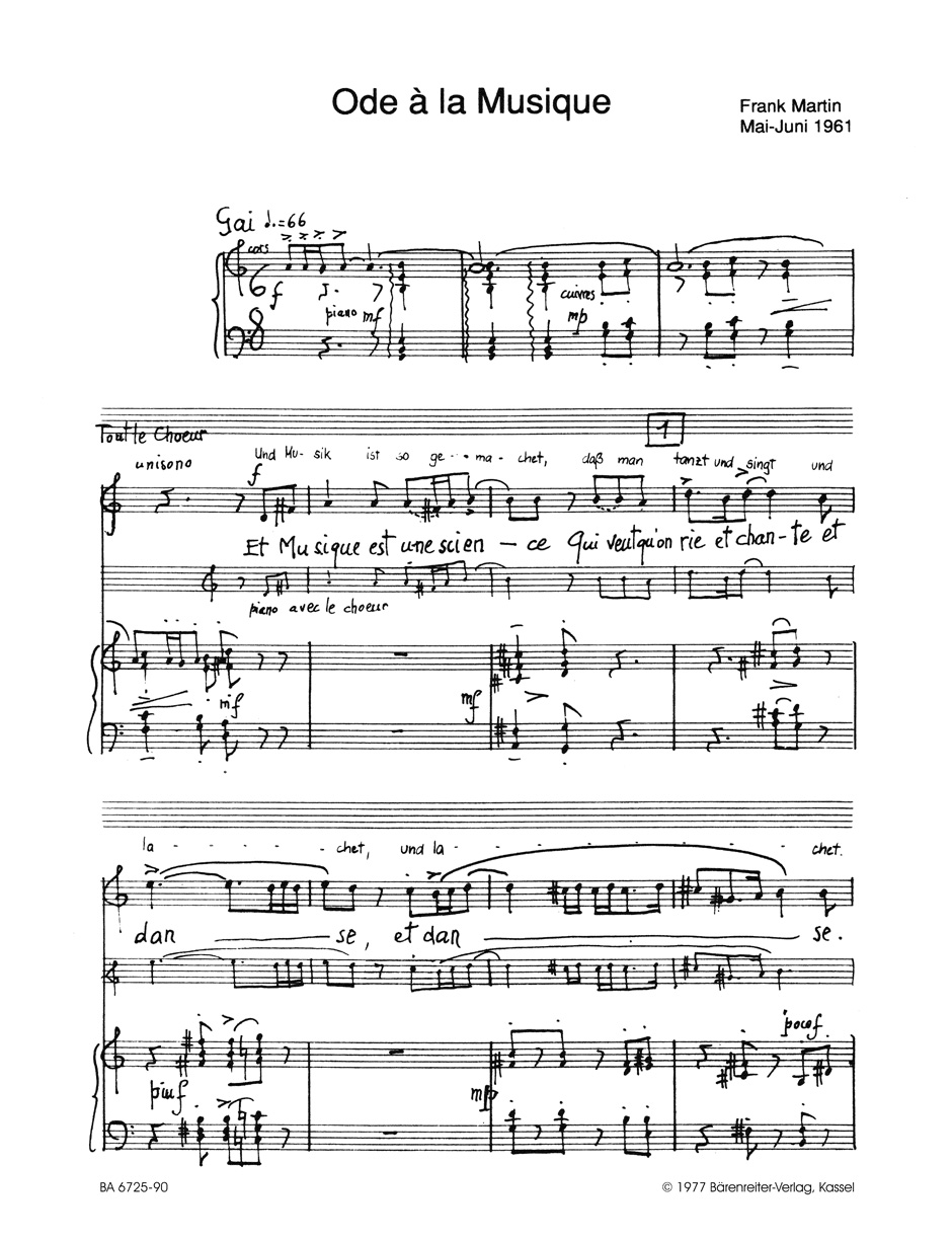 Anderes Coverbild Ode à la musique für Bariton, vierstimmigen gemischten Chor, Trompete, zwei Hörner, drei Posaunen, Klavier und Kontrabass (1961)