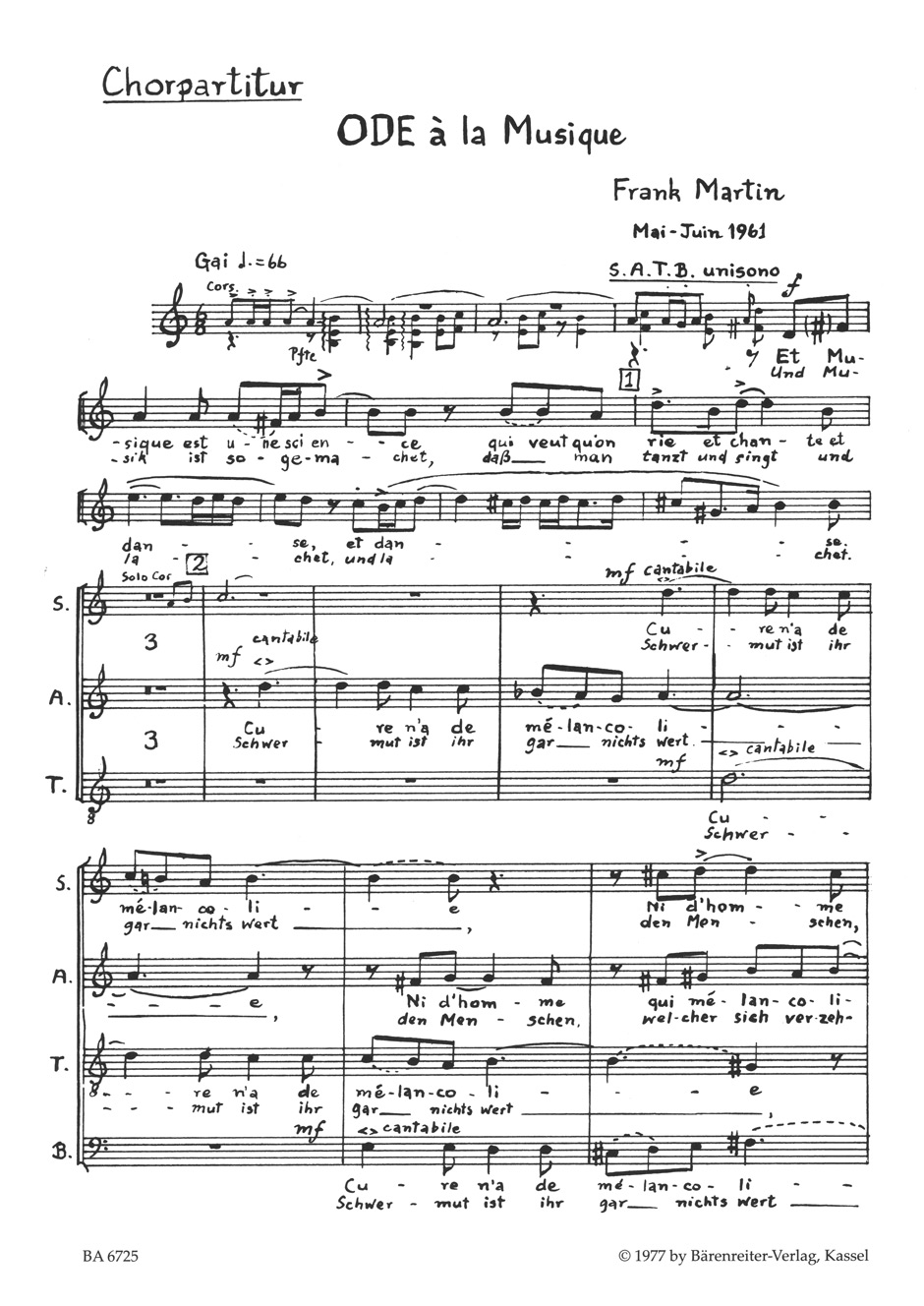 Vorderes Coverbild Ode à la musique für Bariton, vierstimmigen gemischten Chor, Trompete, zwei Hörner, drei Posaunen, Klavier und Kontrabass (1961)