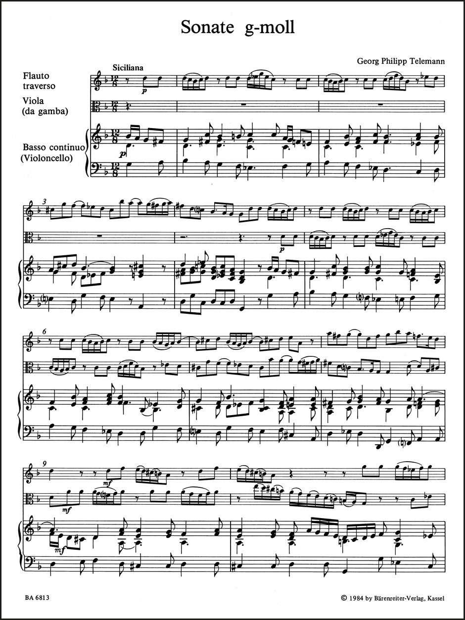 Anderes Coverbild Sonate für Flöte, Viola (Viola da gamba) und Basso continuo g-Moll TWV 42:g7