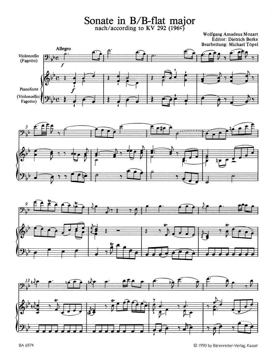 Anderes Coverbild Sonate für Violoncello (Fagott) und Klavier nach KV 292 (196c) oder für zwei Bassinstrumente KV 292 (196c) B-Dur