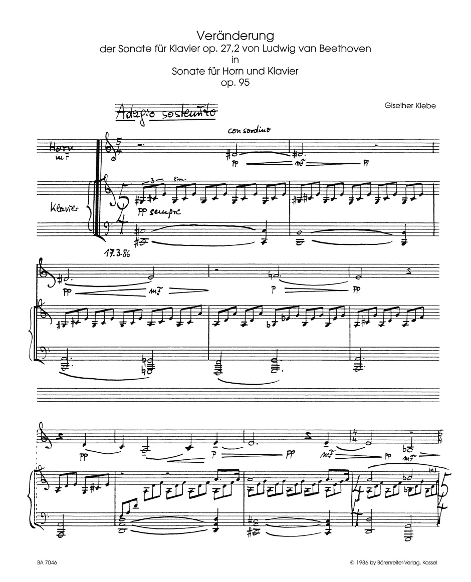 Anderes Coverbild Veränderung der Sonate für Klavier op. 27/2 von Ludwig van Beethoven in eine Sonate für Horn und Klavier op. 95 (1985/1986)