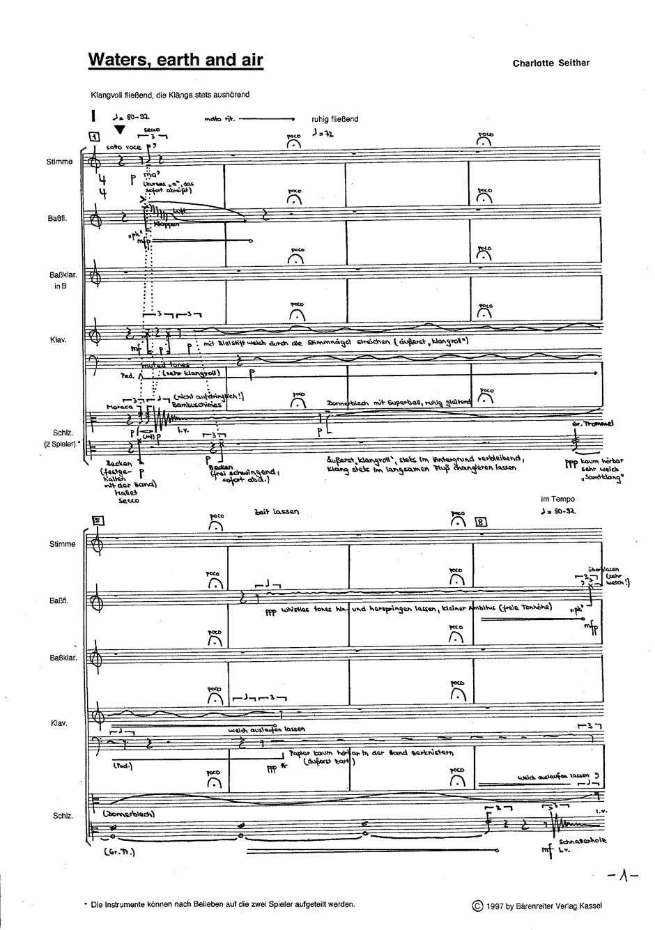 Anderes Coverbild Waters, earth and air I für Frauenstimme, Bassflöte, Bassklarinette, Klavier und 2 Schlagzeuger (1997)