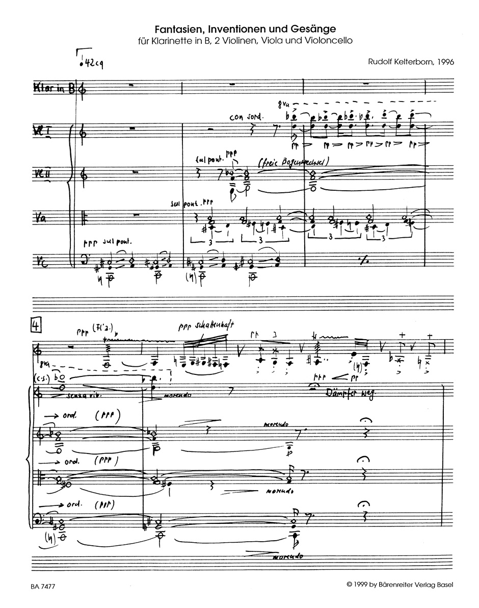 Anderes Coverbild Fantasien, Inventionen und Gesänge für Klarinette, 2 Violinen, Viola und Violoncello (1996)