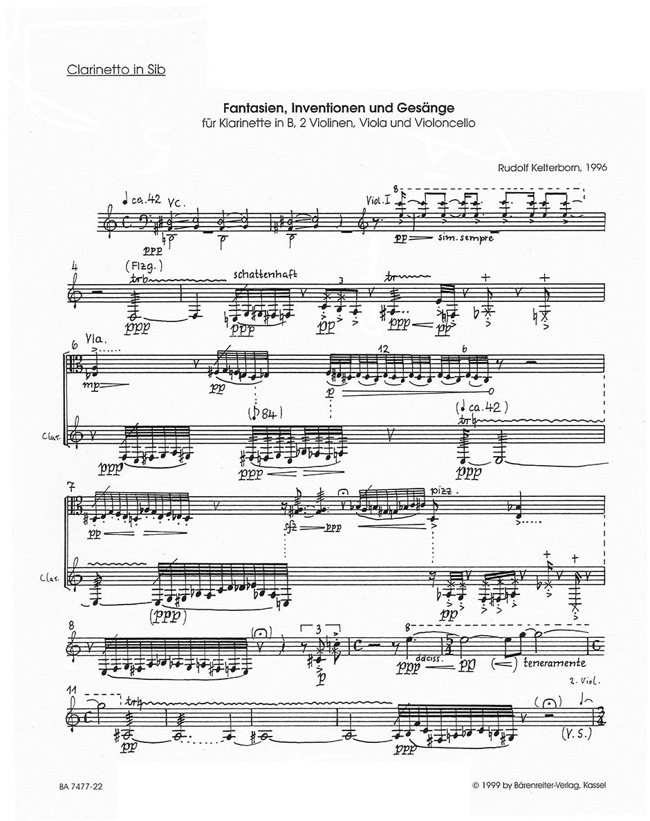 Anderes Coverbild Fantasien, Inventionen und Gesänge für Klarinette in B, 2 Violinen, Viola und Violoncello (1996)