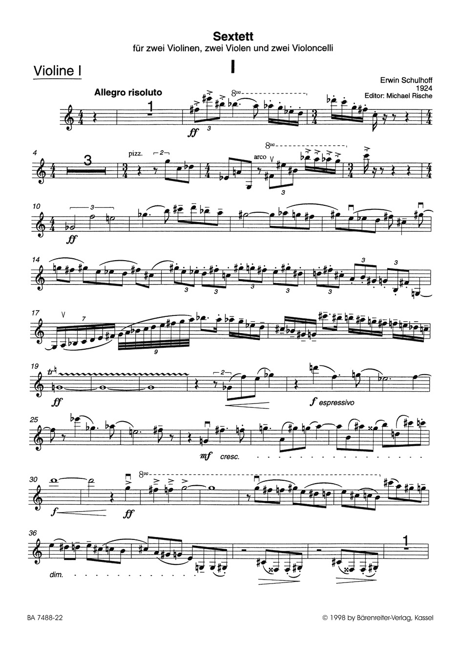 Anderes Coverbild Sextett zwei Violinen, zwei Violen und zwei Violoncelli (1924)