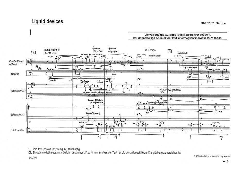 Anderes Coverbild Liquid Devices für Sopran, Flöte, zwei Schlagzeuger und Violoncello (1993)