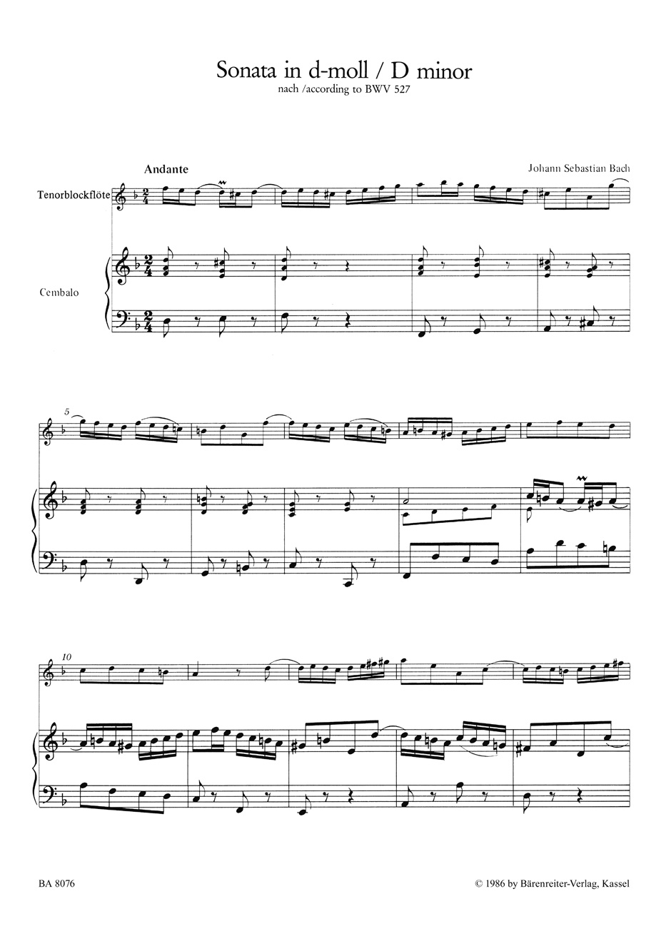 Anderes Coverbild Sonata für Tenorblockflöte und obligates Cembalo d-Moll BWV 527