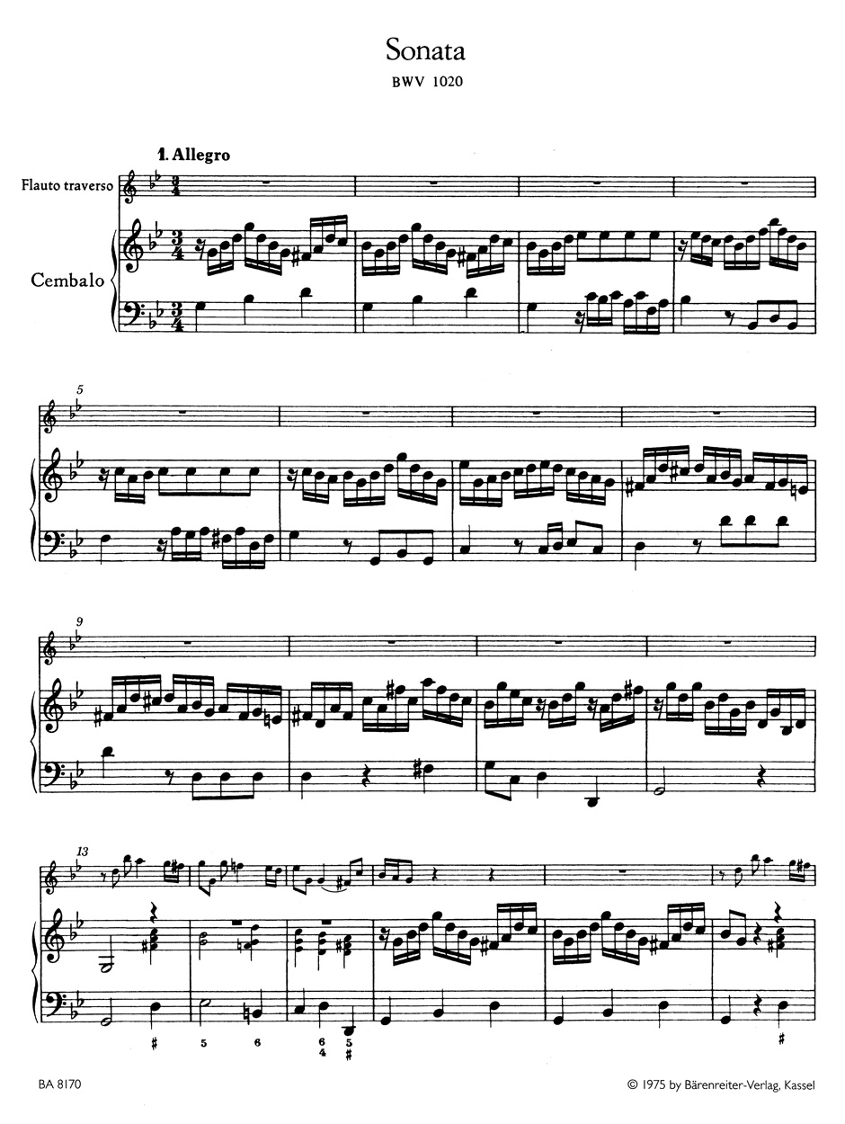 Anderes Coverbild Sonate für Flöte und obligates Cembalo (Klavier) g-Moll BWV 1020