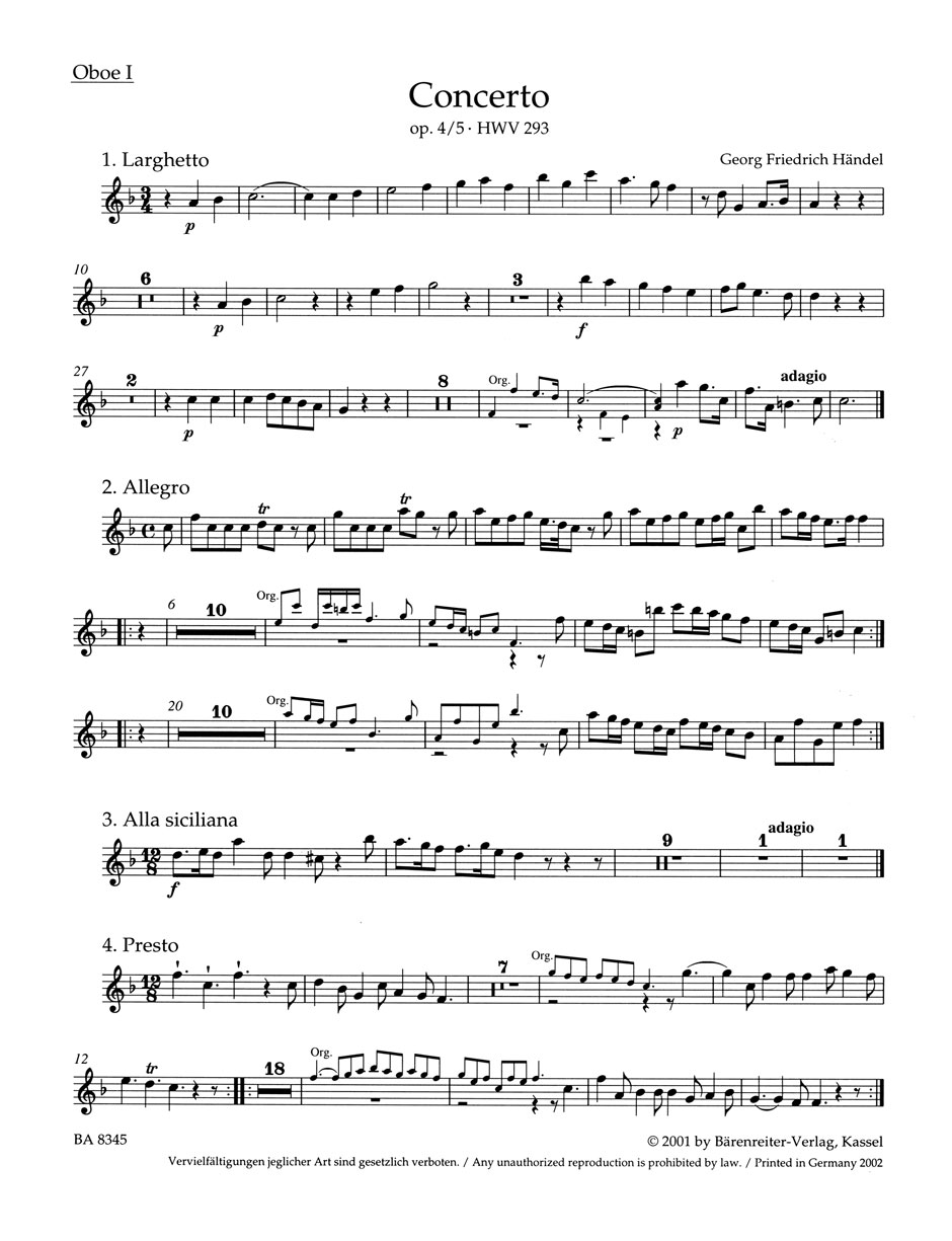 Vorderes Coverbild Konzert für Orgel und Orchester F-Dur op. 4/5 HWV 293