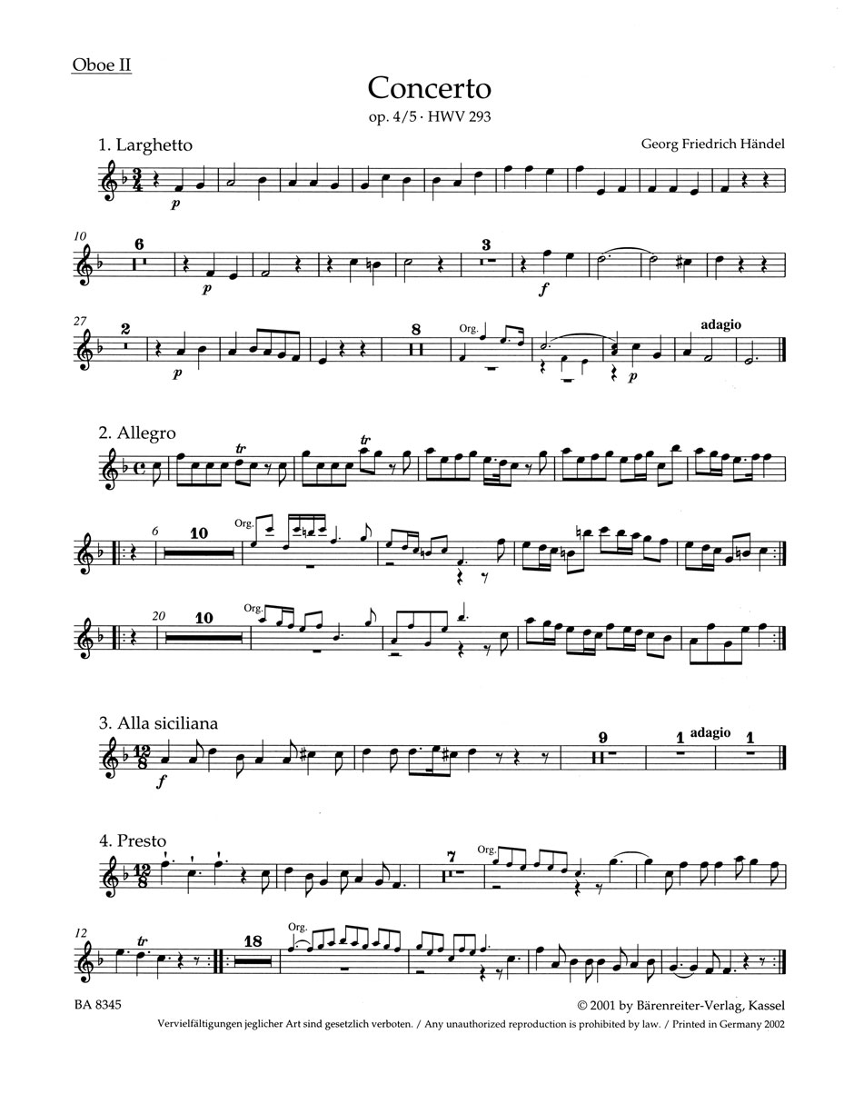 Vorderes Coverbild Konzert für Orgel und Orchester F-Dur op. 4/5 HWV 293