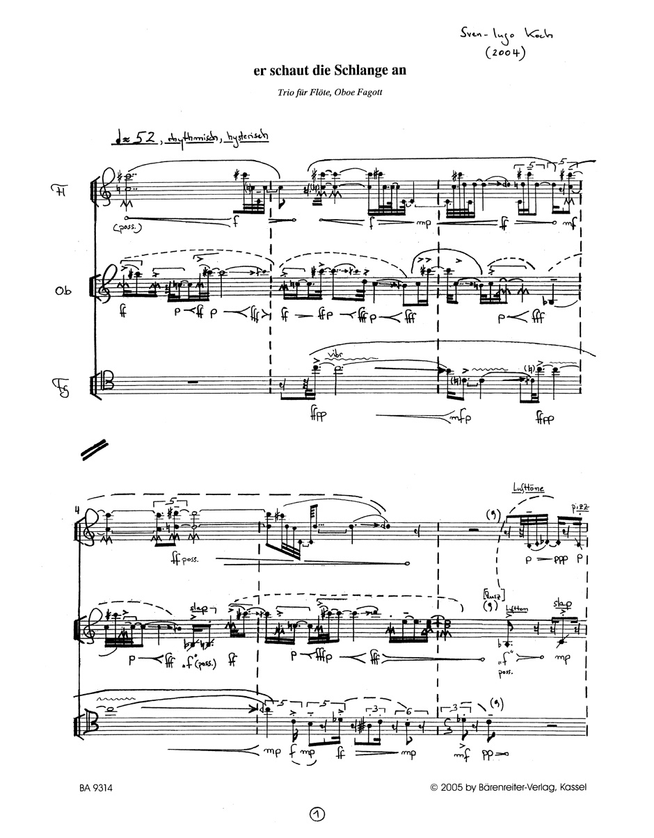 Anderes Coverbild er schaut die Schlange an für Flöte, Oboe, Fagott (oder Bassklarinette) (2004)