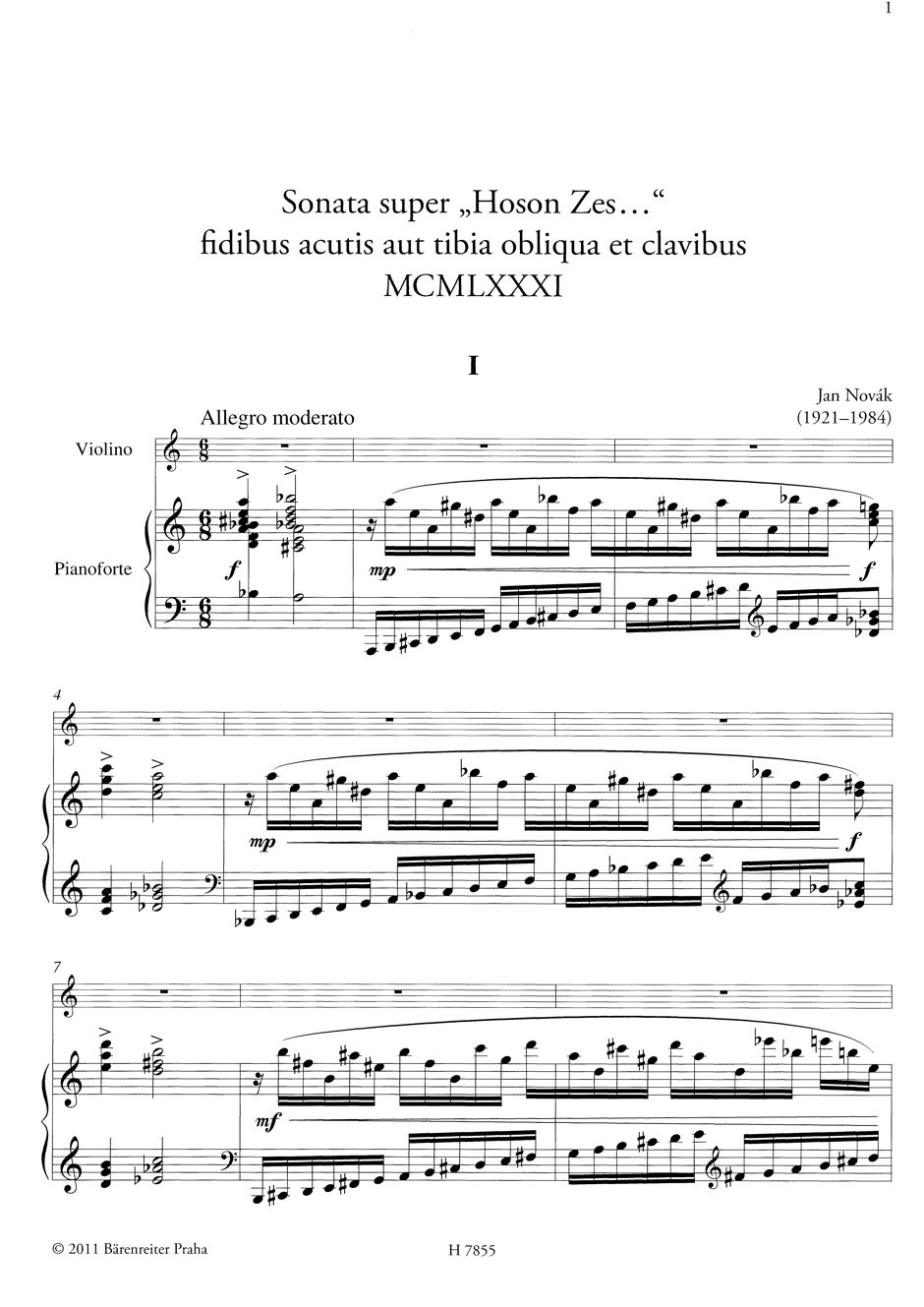 Anderes Coverbild Sonata super Hoson zes... für Violine oder Flöte und Klavier