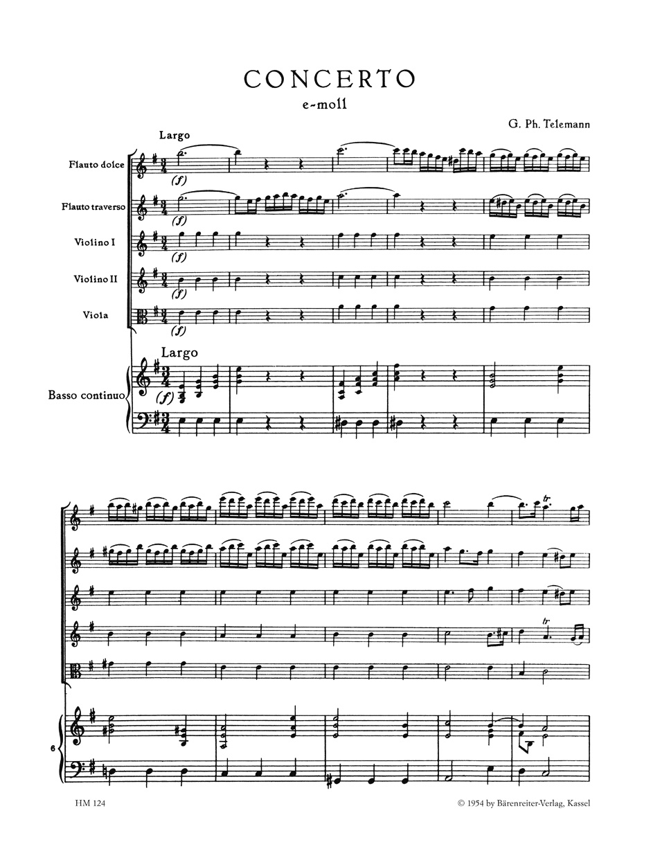 Anderes Coverbild Konzert für Blockflöte, Querflöte, zwei Violinen, Viola und Basso continuo e-Moll TWV 52:e1