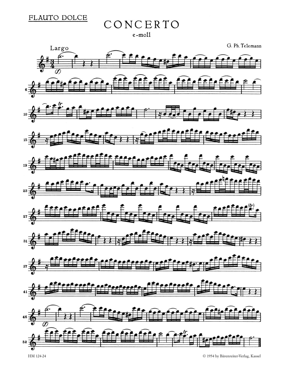 Vorderes Coverbild Konzert für Blockflöte, Querflöte, zwei Violinen, Viola und Basso continuo e-Moll TWV 52:e1