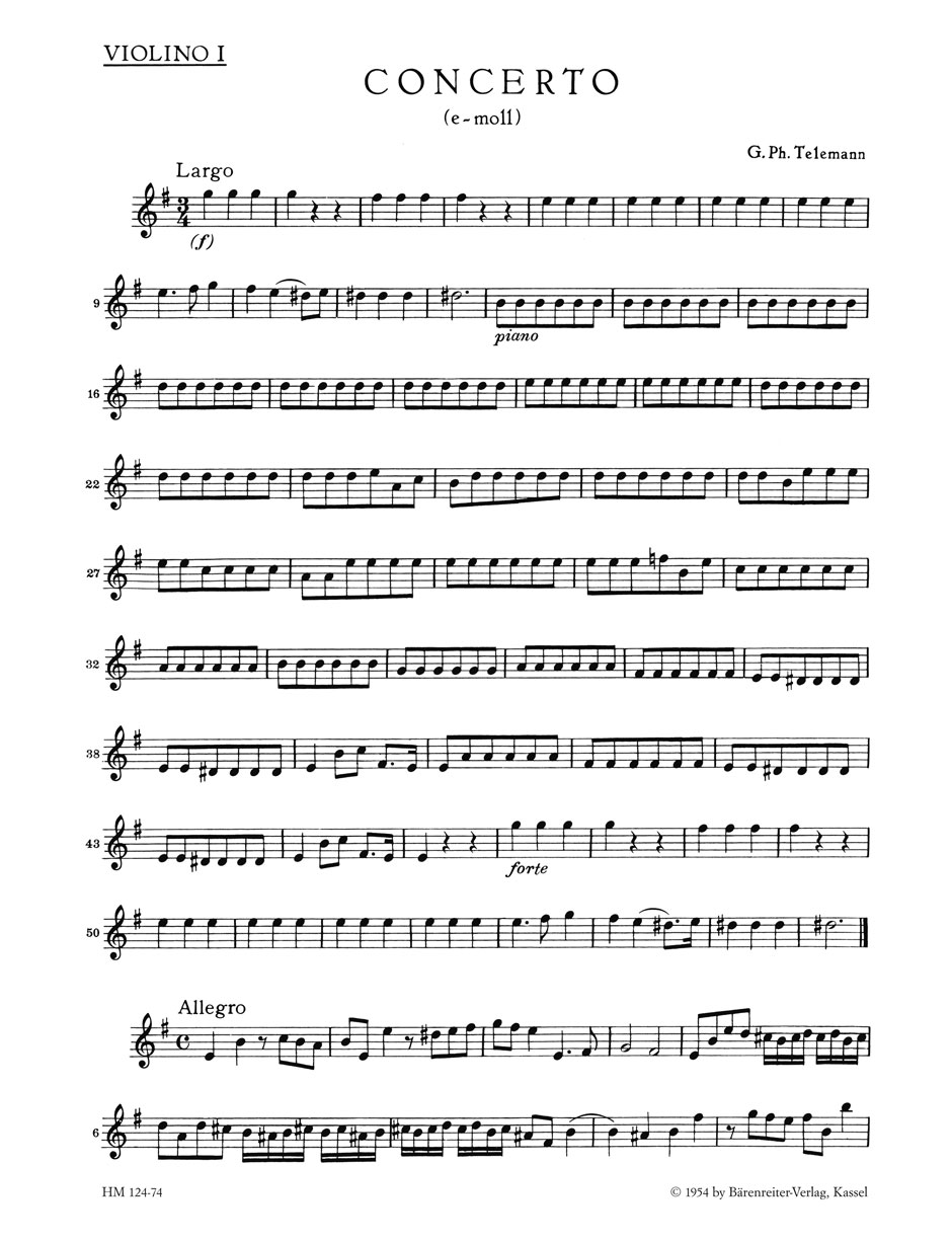 Vorderes Coverbild Konzert für Blockflöte, Querflöte, zwei Violinen, Viola und Basso continuo e-Moll TWV 52:e1