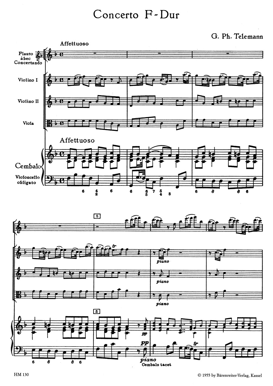 Anderes Coverbild Concerto für Altblockflöte, zwei Violinen, Viola, Violoncello und Basso continuo F-Dur TWV 51:F1