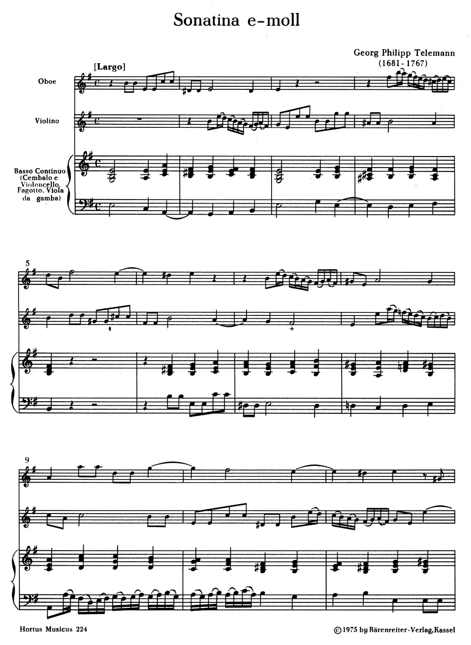 Anderes Coverbild Sonatina für Oboe, Violine (Diskantgambe) und Basso continuo e-Moll TWV 42:e5