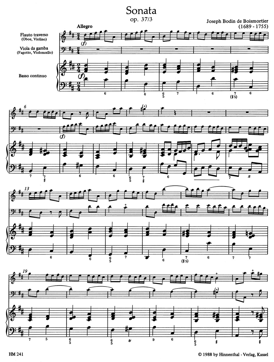 Anderes Coverbild Sonate für Flöte(Oboe, Violine), Viola da gamba(Fagott, Violoncello) und Basso continuo D-Dur op. 37/3