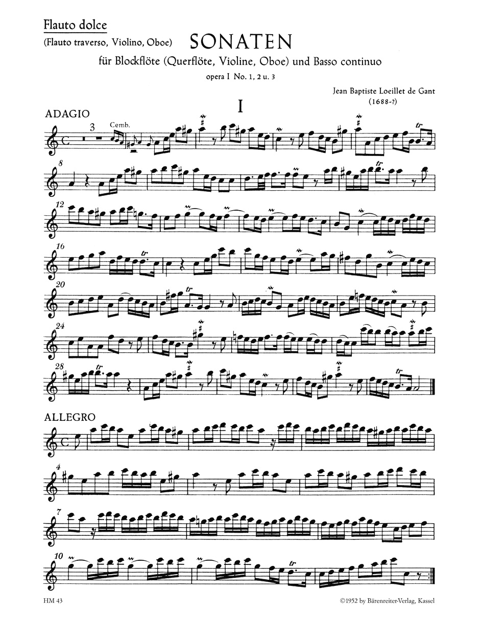 Anderes Coverbild Sonaten für Blockflöte (Querflöte, Violine, Oboe) und Basso continuo op. I/1-3