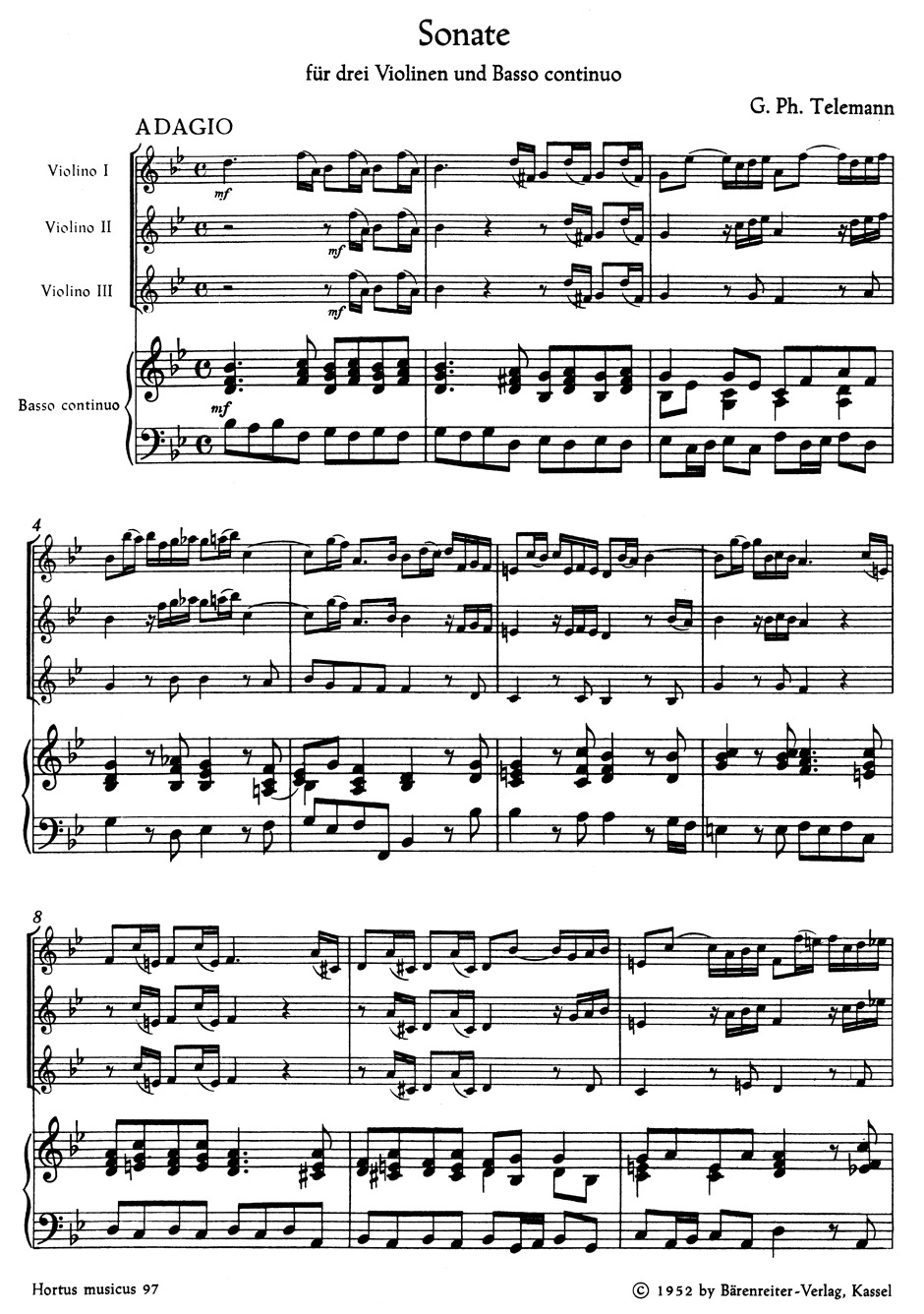 Vorderes Coverbild Sonate für drei Violinen und Basso continuo B-Dur TWV 42:B1