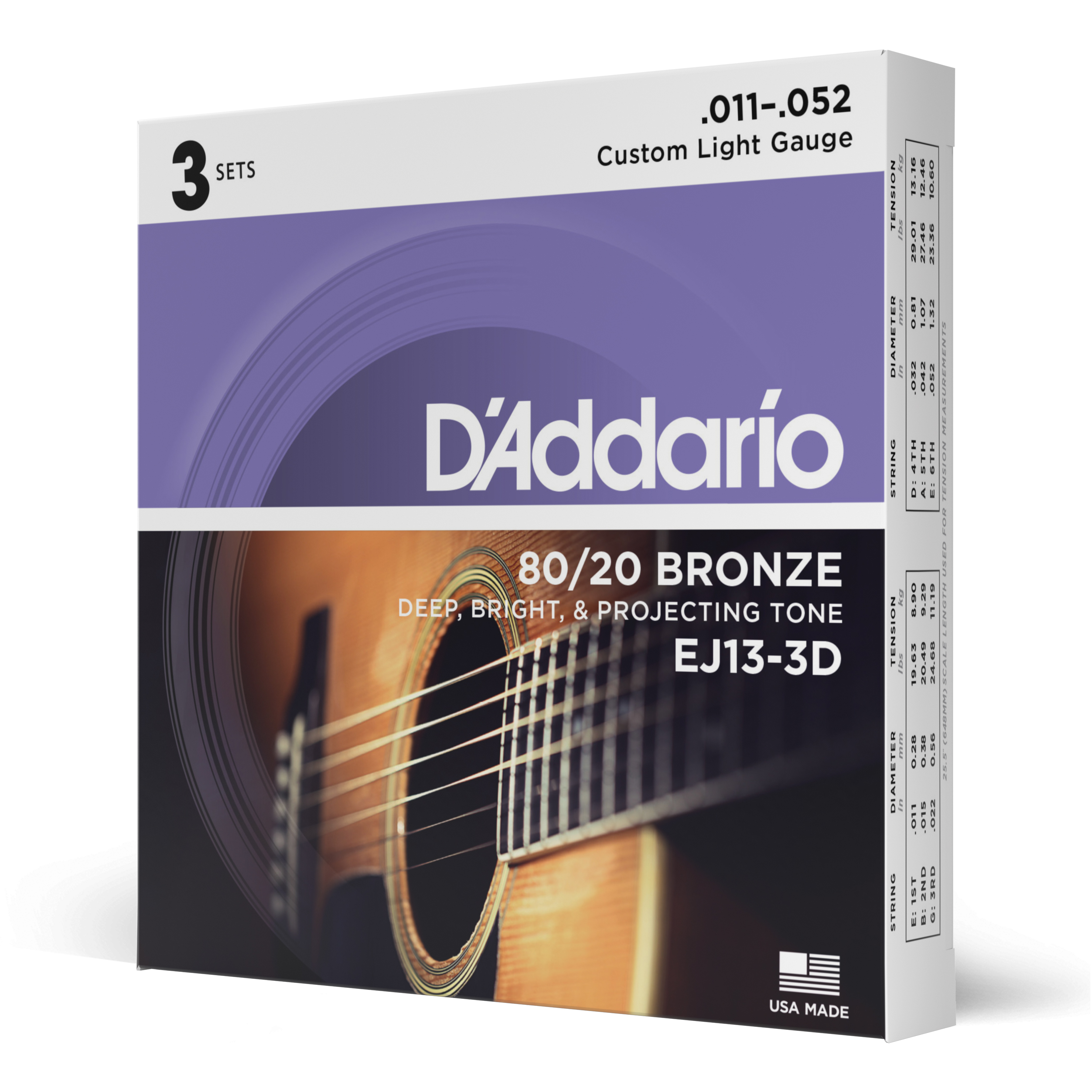 Vorderes Coverbild D'Addario EJ13-3D 80/20 Bronze Acoustic Guitar Strings, Custom Light, 11-52, 3 Sets