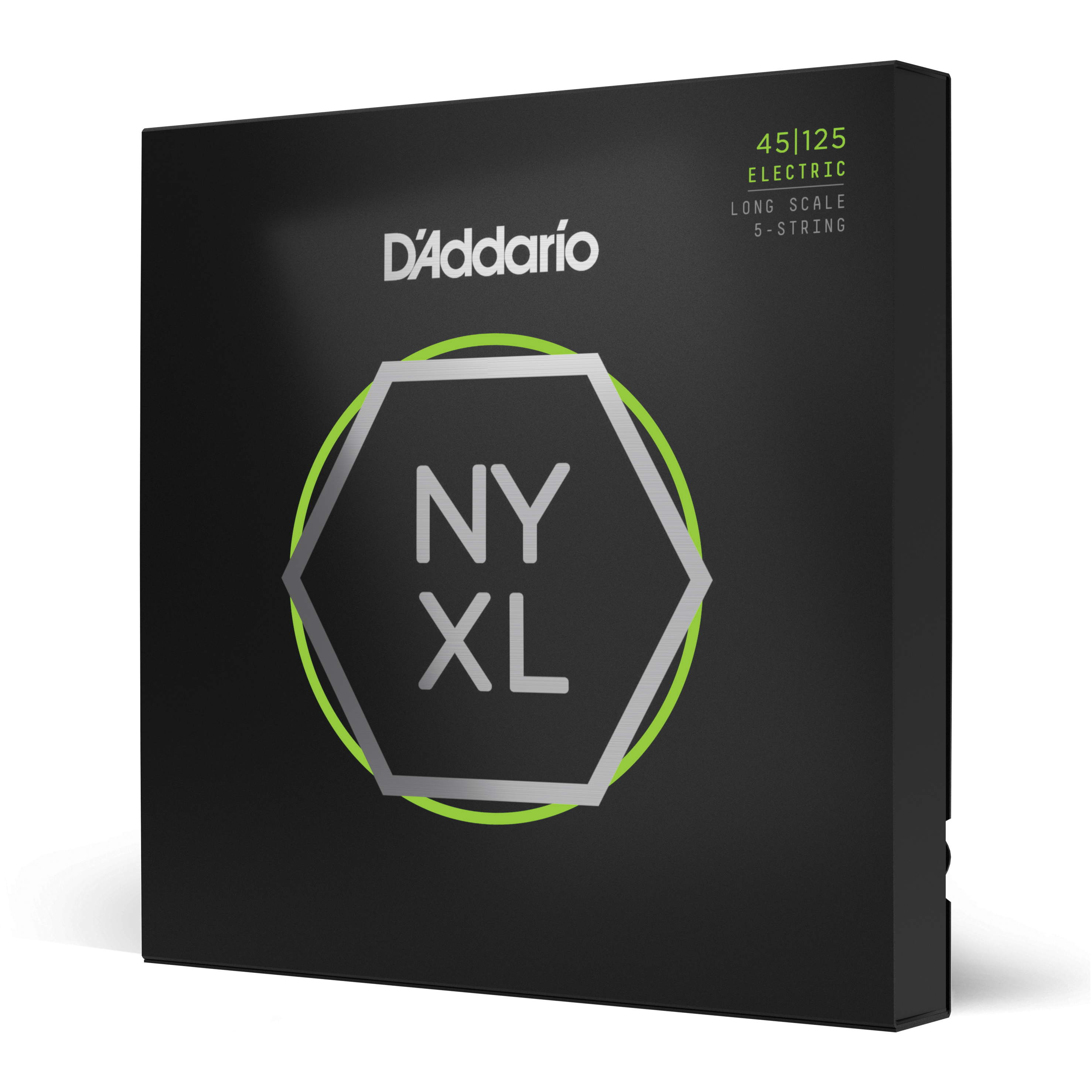 Vorderes Coverbild D'Addario NYXL45125 mit vernickeltem Draht umsponnene Saiten für 5-saitige Bassgitarren, leichte Spannung hohe Saiten, mittlere Spannung tiefe Saiten, 45-125, volle Größe