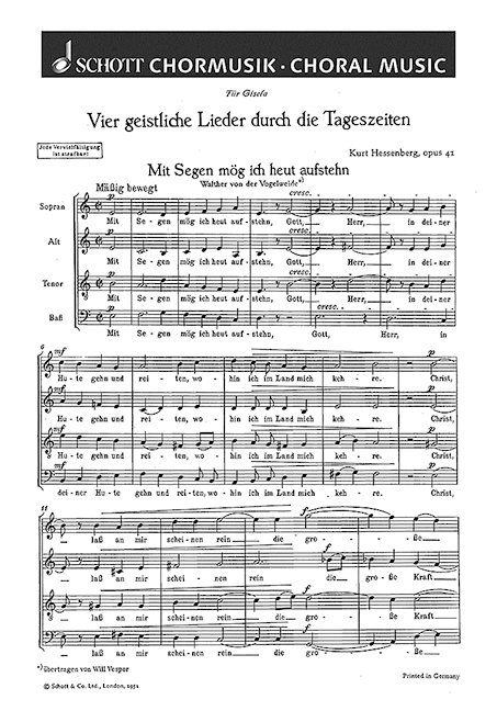 Vorderes Coverbild Vier geistliche Lieder durch die Tageszeiten op. 41 